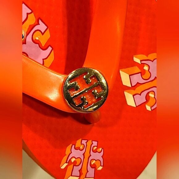 Tory Burch TPU/EVA Flip Flop Sandals Poppy Red Crazy Logo Gold Logo | 8 - Picture 7 of 9
